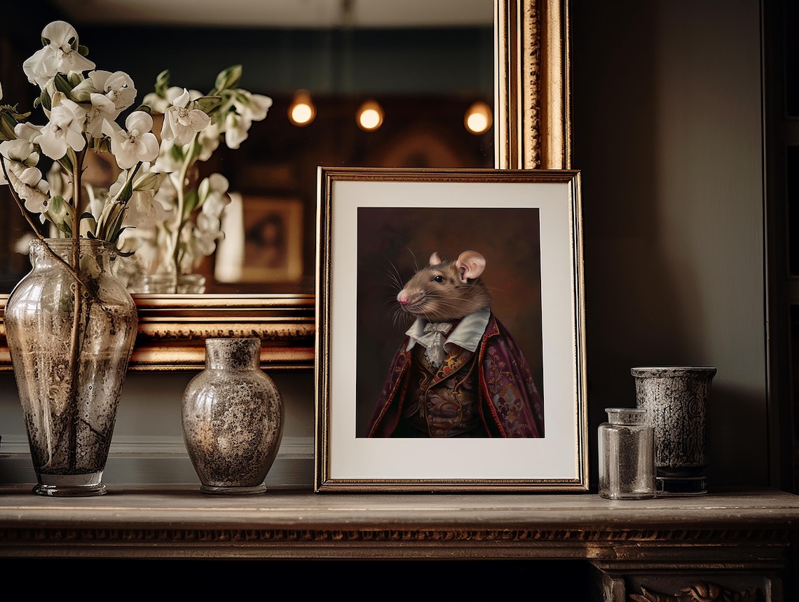 Victorian Rat In Burgundy Brocade Coat Moody Animal Portrait Poster - Image 4