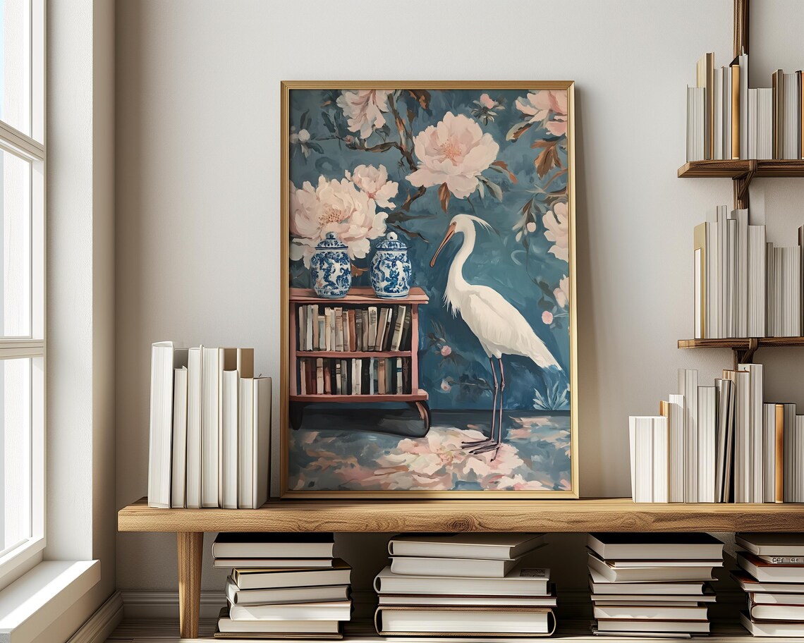 White Egret Beside Wooden Bookshelf Chinoiserie Peony Art Poster - Image 4