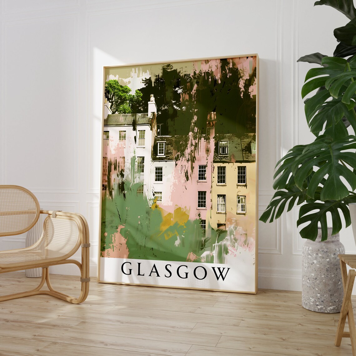 Glasgow Abstract Painted Tenement Buildings In Pink And Green Poster - Image 2