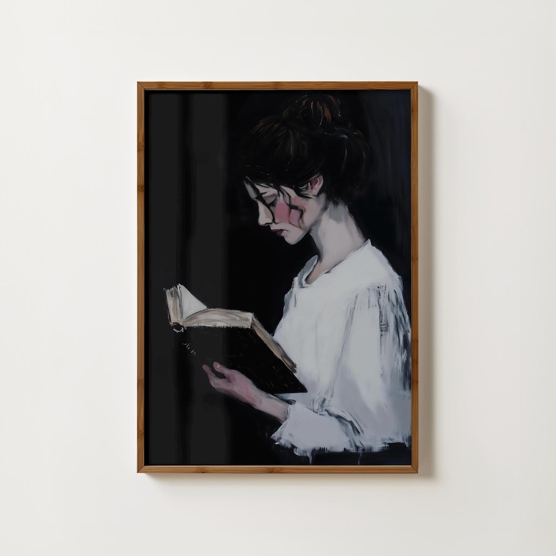 Woman Reading in a White Blouse Dark Academia Moody Oil Poster
