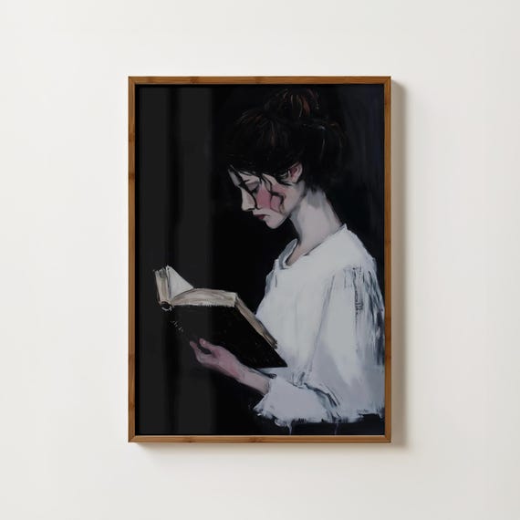 Woman Reading Print Moody Portrait Art Book Wall Art Dark Academia Print Bookish Art Moody Book Painting Reading Nook Decor Book Lover Gift