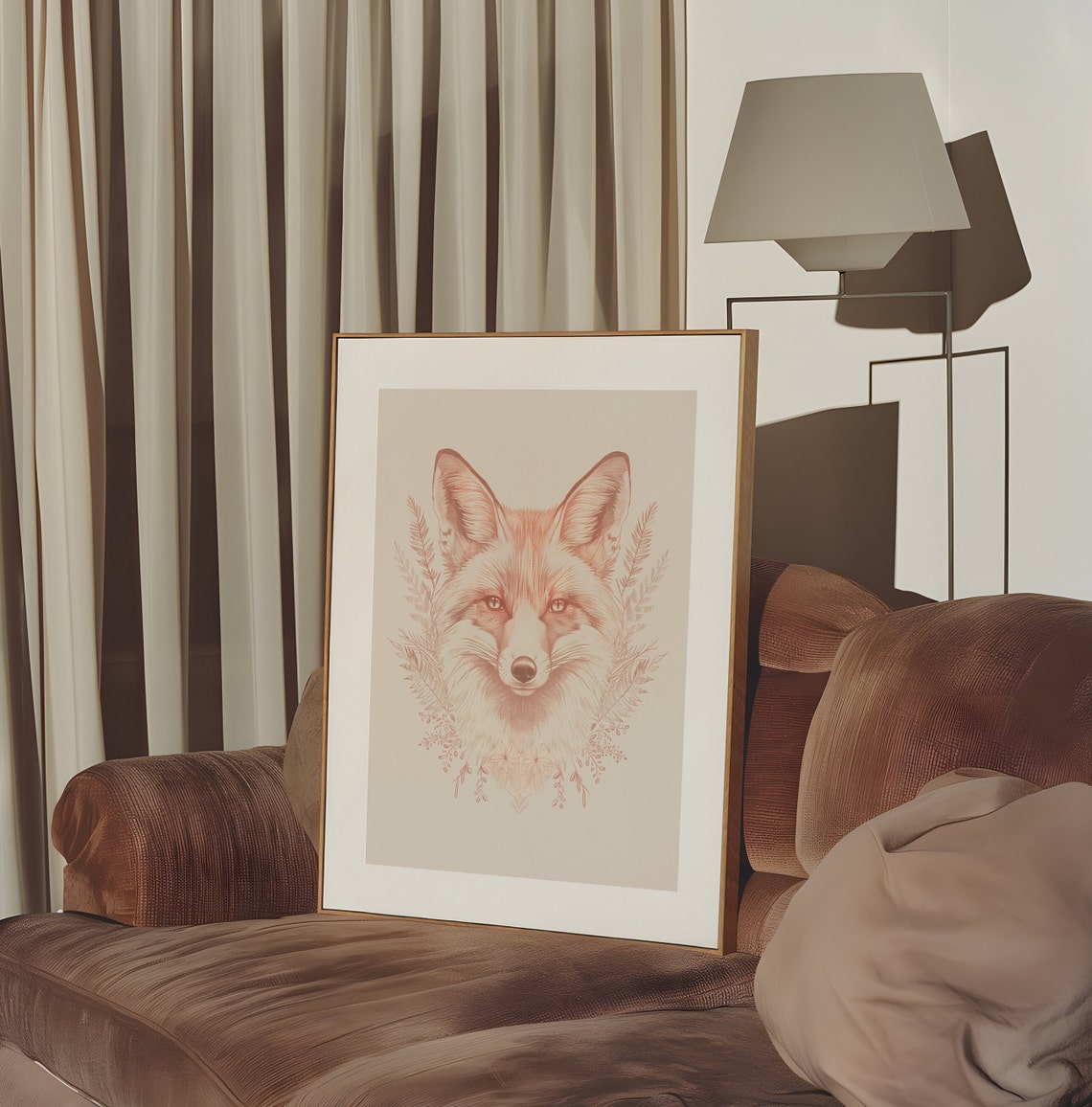 Boho Pink Fox Face Botanical Sketch Cream Nursery Wall Art Decor - Image 4
