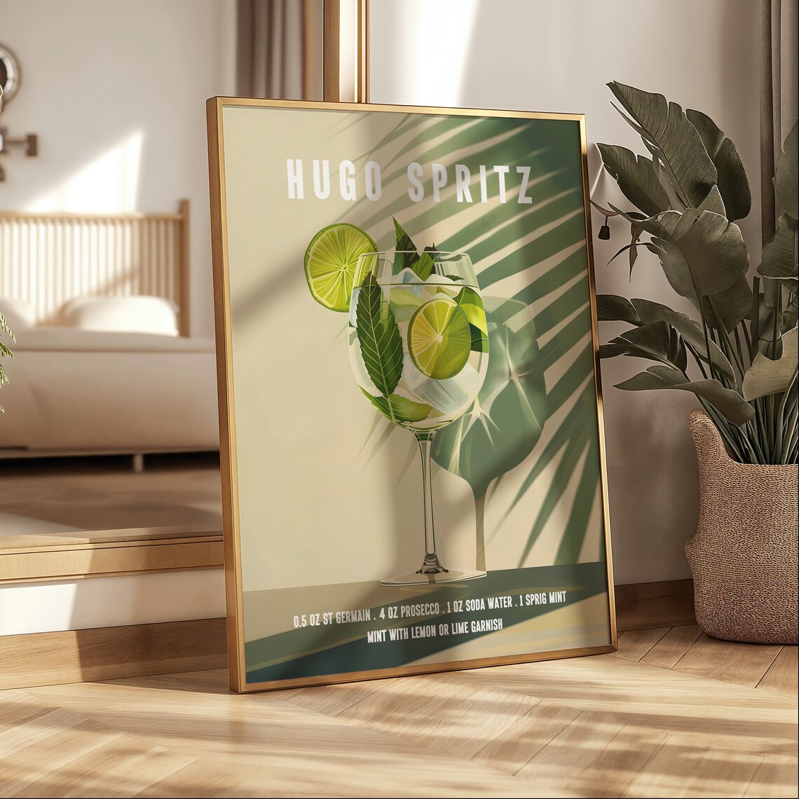 Retro Hugo Spritz Cocktail Recipe Art With Mint And Lime Garnish Poster - Image 3