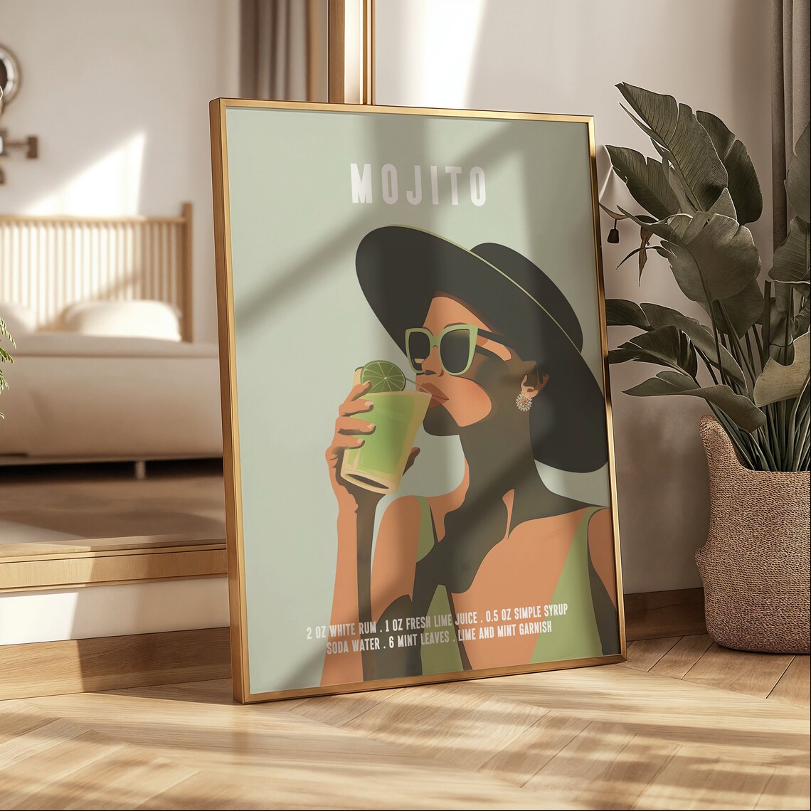 Woman In Black Hat Sipping A Mojito Retro Cocktail Recipe Poster - Image 3