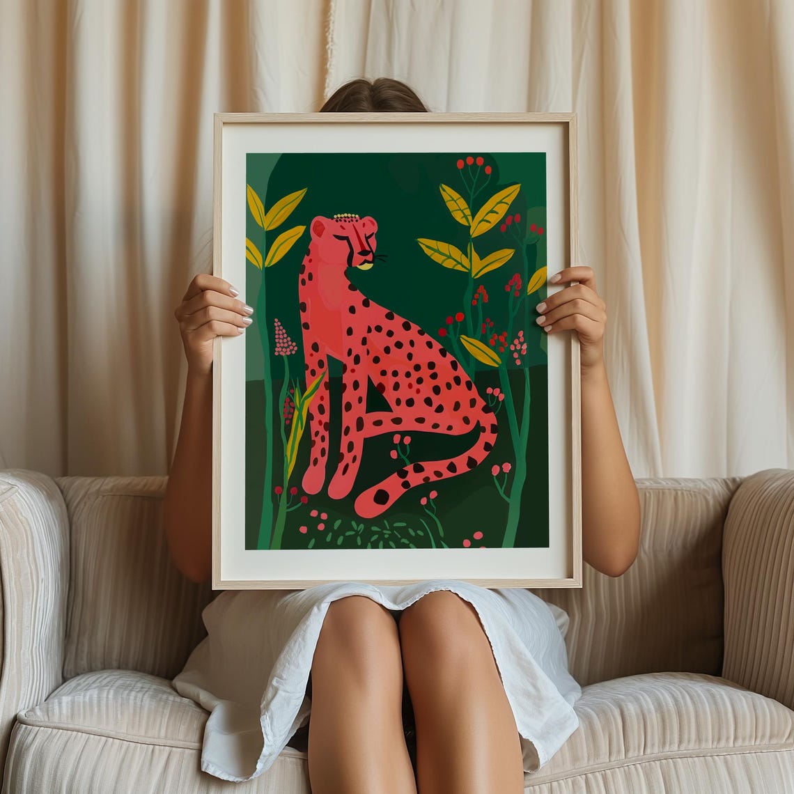 Pink Cheetah Sitting in a Green Jungle Illustration Art Print - Image 4