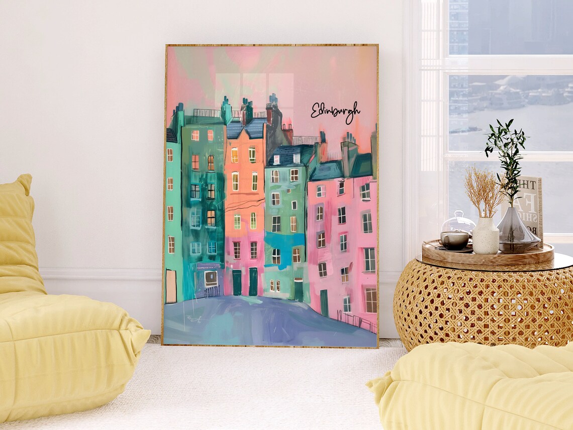 Bright Edinburgh Colourful Tenements Street Scene Painting Poster - Image 3