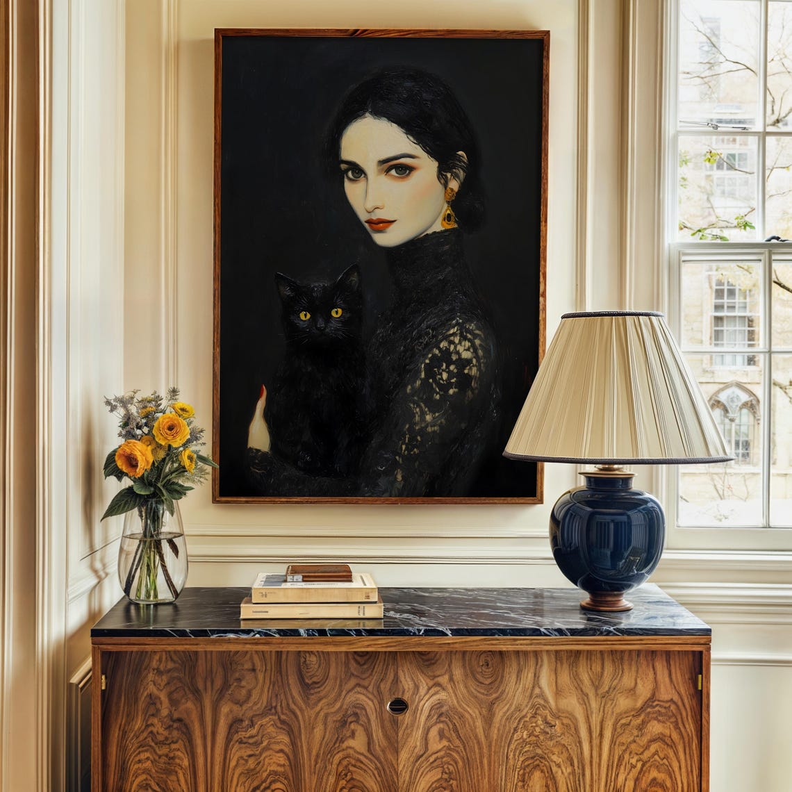 Gothic Victorian Woman In Black Lace Holding Cat Portrait Art Print - Image 3