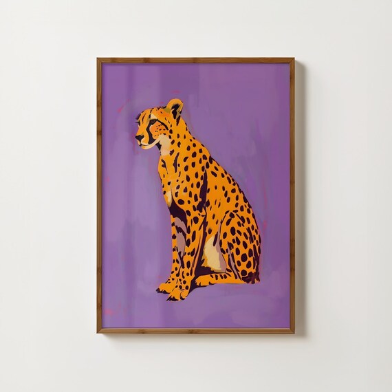 Orange Cheetah Sitting On A Vivid Purple Maximalist Art Poster