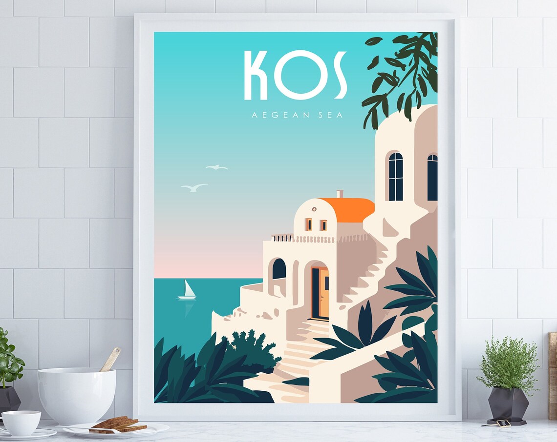 Kos Greece Retro Travel Poster, Coastal Wall Art