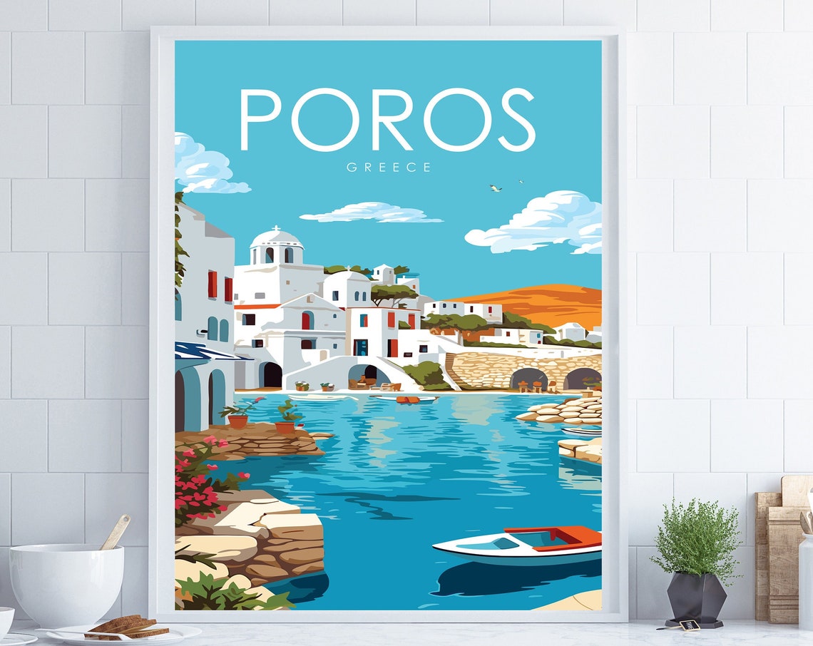 Poros Poster Poros Wall Art Greek Wall Art Retro Travel Poster Travel Wall Art Greek Gift Poros Vacation Poster Holiday Wall Art