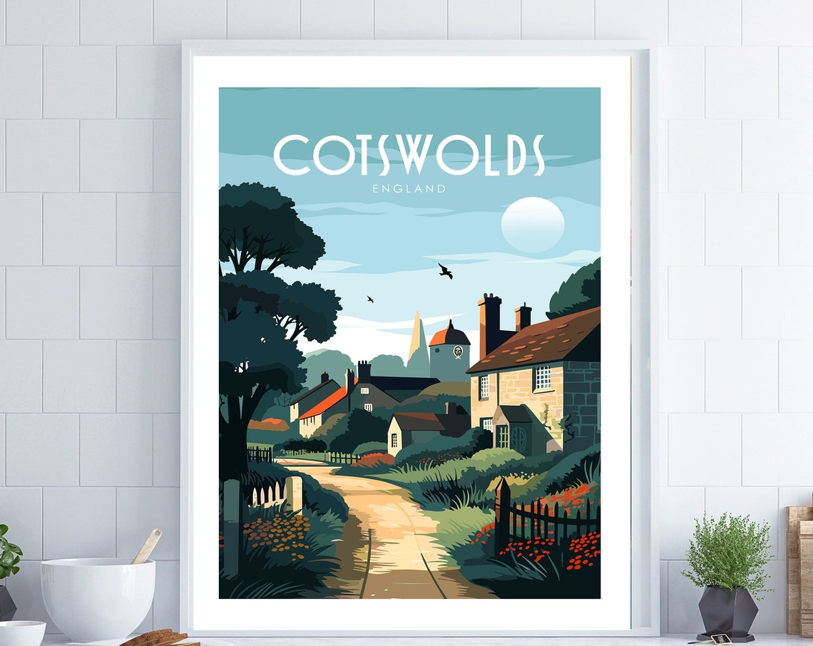 Cotswolds Poster Vintage Travel Poster Retro Style English Countryside Painting Gift For Nature Walker Cottage Art Print Country Art