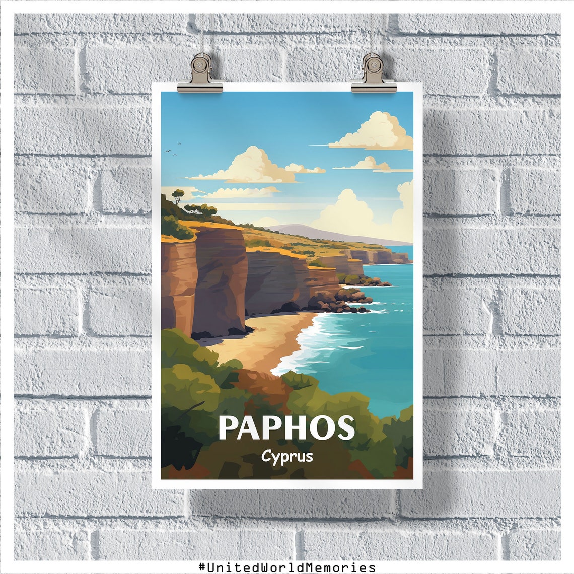 Paphos Cyprus Coastal Cliffs Turquoise Bay Vintage Travel Poster