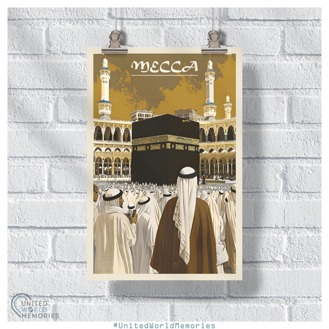 Mecca Kaaba Pilgrims Ihram Grand Mosque Vintage Travel Poster