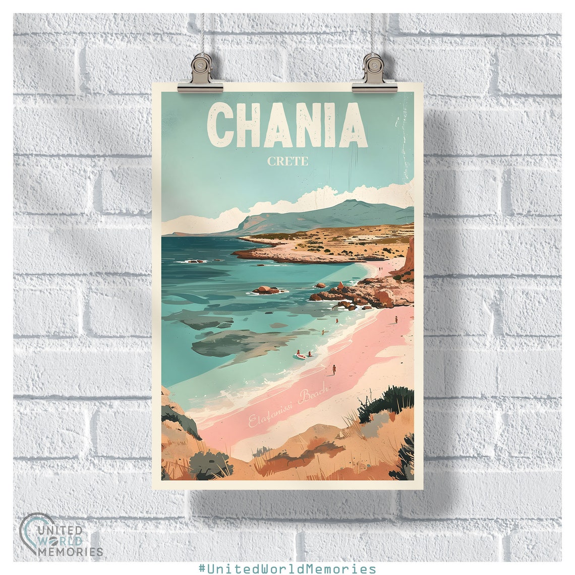 Chania Crete Travel Poster Elafonissi Beach Pink Sand Retro Art