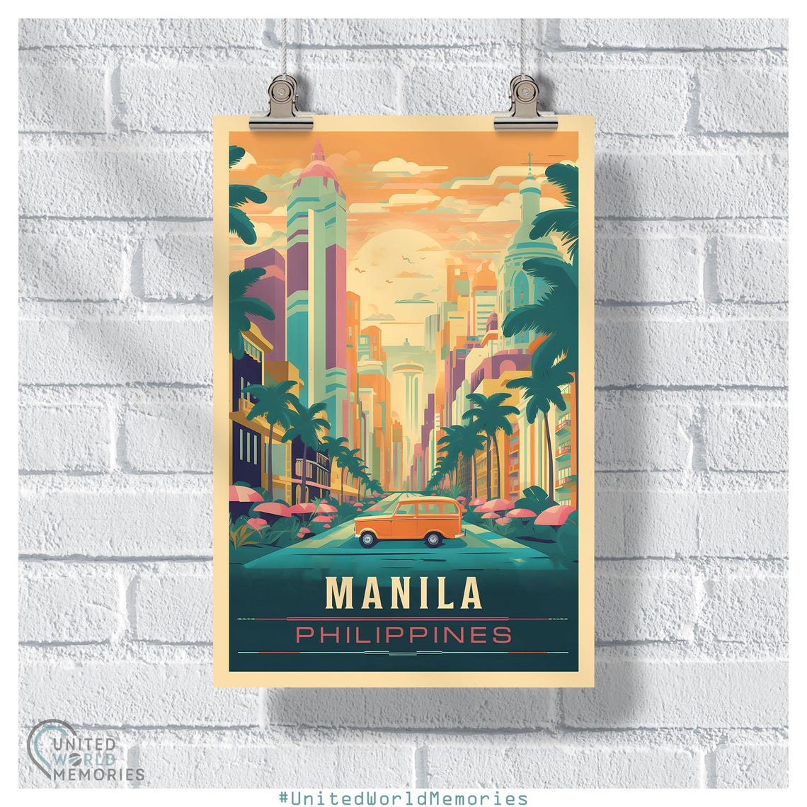 Manila Philippines Retro Art Deco Skyline Palm Street Sunset Poster