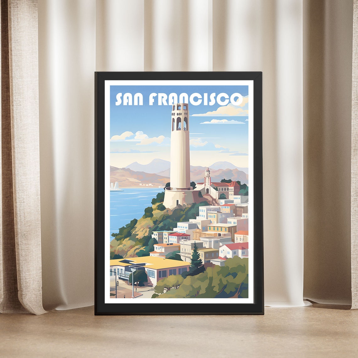 San Francisco Travel Poster Coit Tower Hilltop Bay View Vintage Art