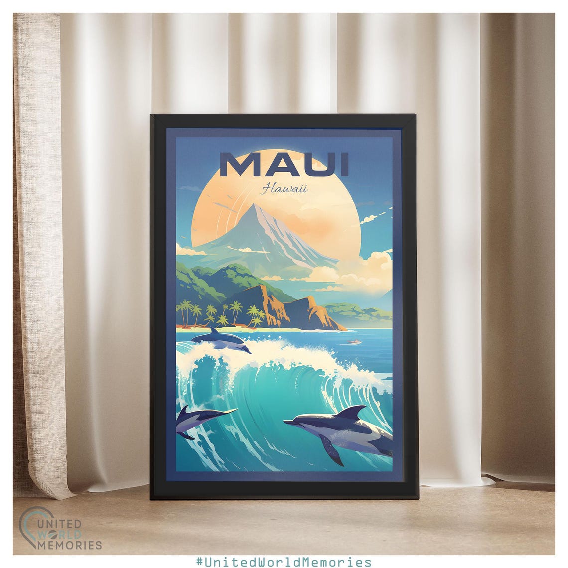 Maui Hawaii Dolphins Leaping Wave Volcano Sunset Retro Travel Poster - Image 4