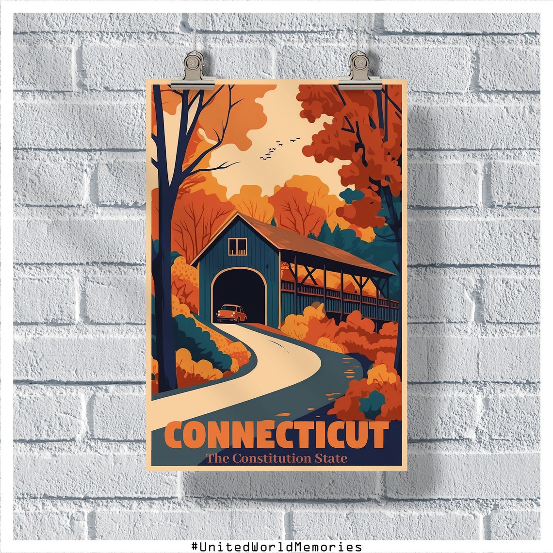 Connecticut Constitution State Covered Bridge Autumn Fall Poster