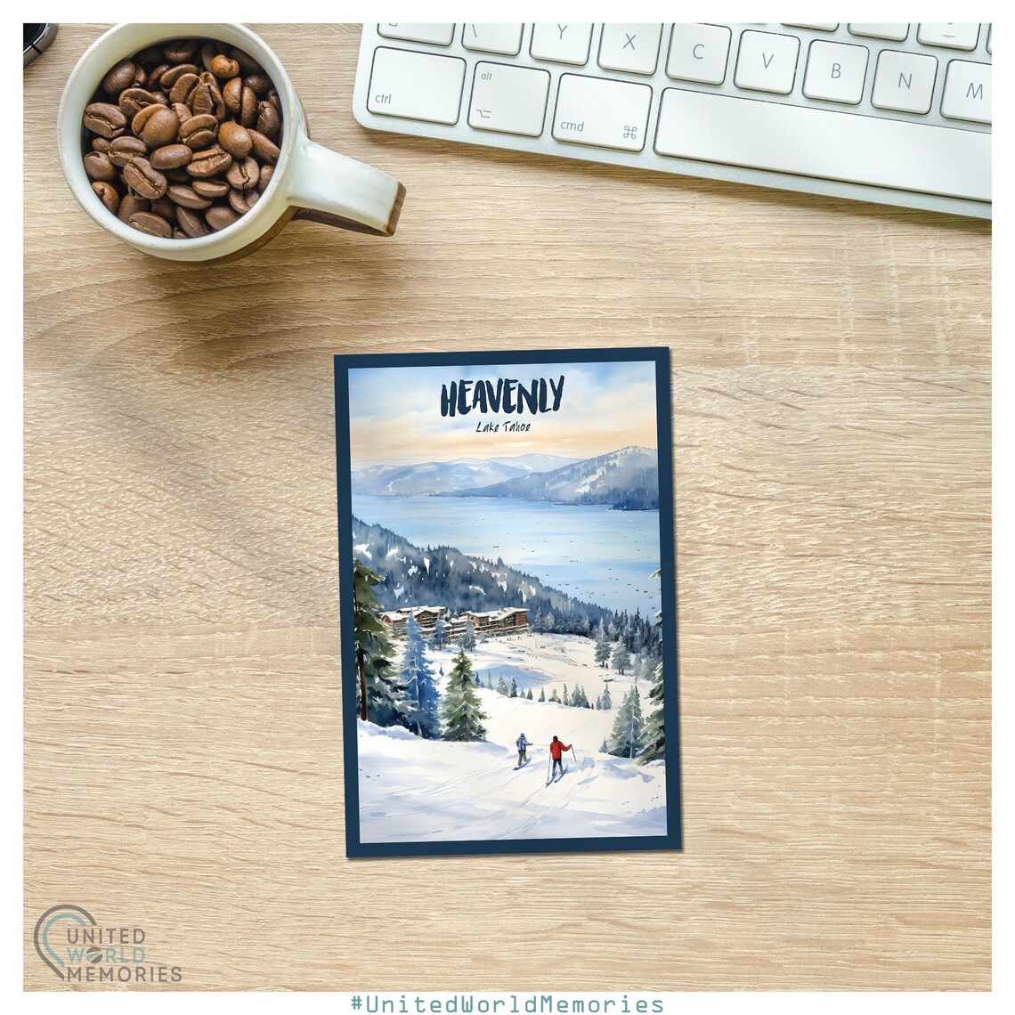 Heavenly Lake Tahoe Ski Village Watercolor Winter Scene Travel Poster - Image 2