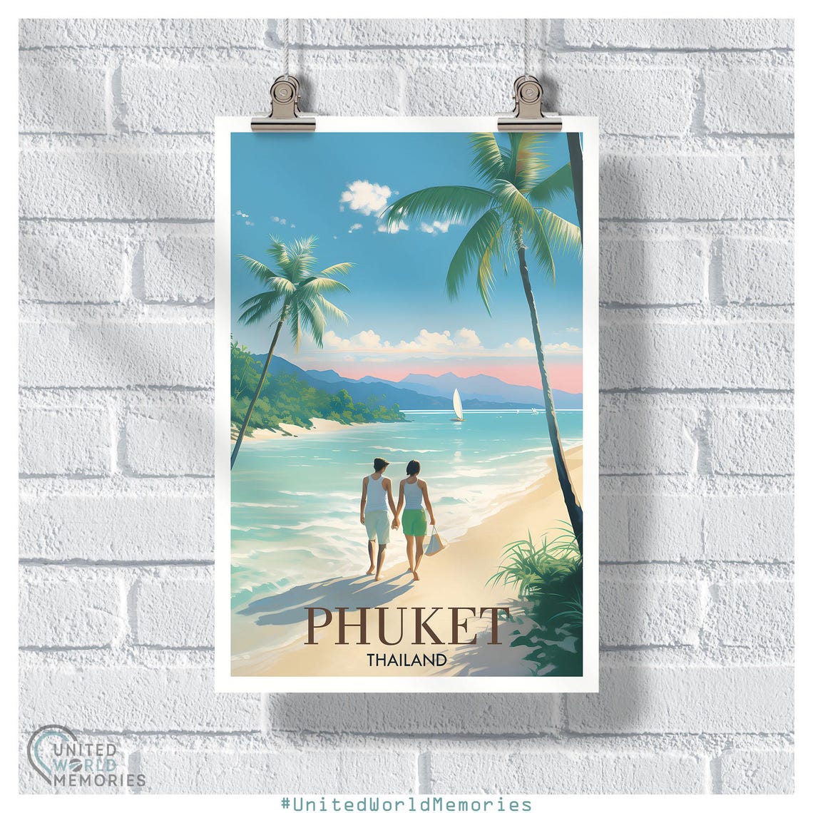 Phuket Thailand Romantic Sunset Beach Couple Palms Sailboat Poster