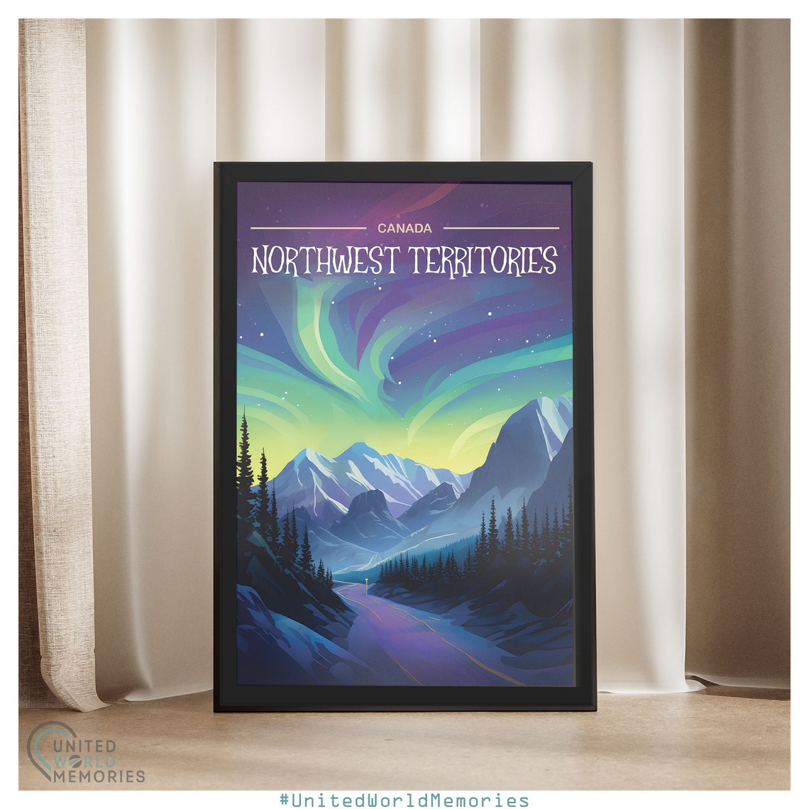 Northwest Territories Aurora Borealis Night Road Mountains Sky Poster - Image 4