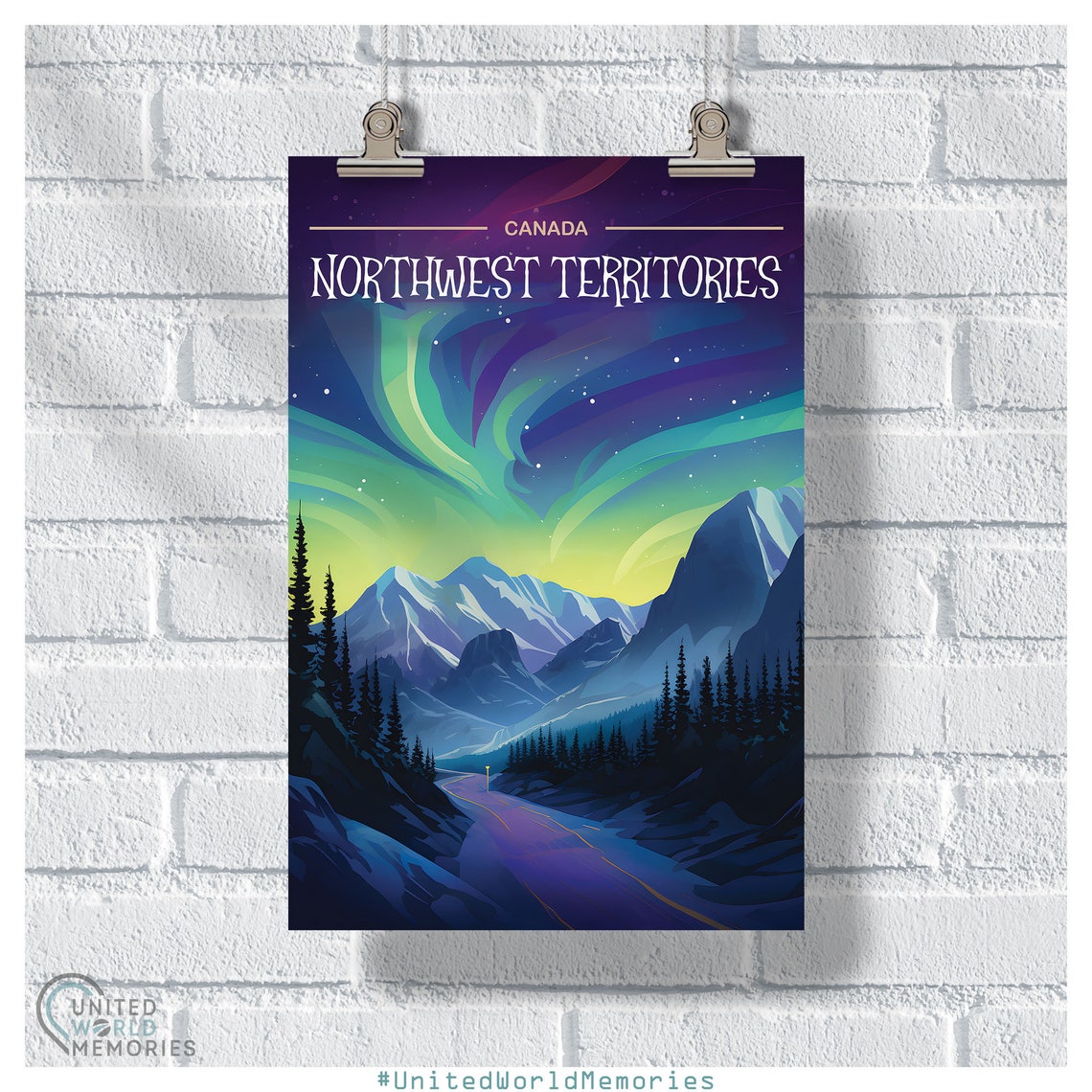 Northwest Territories Aurora Borealis Night Road Mountains Sky Poster