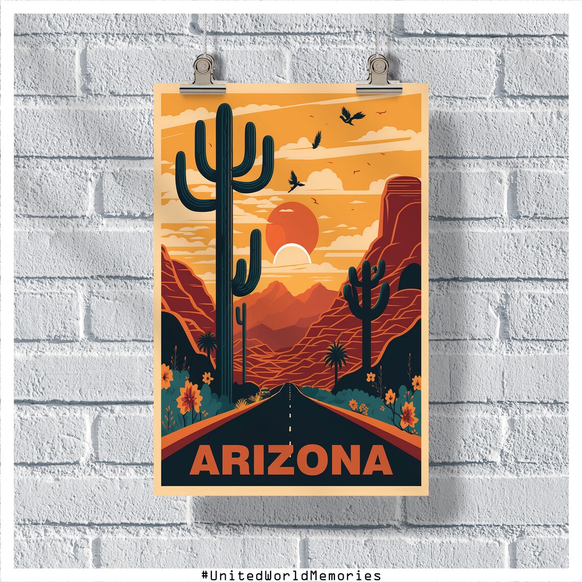Arizona Desert Sunset Saguaro Cactus Road Vintage Travel Poster