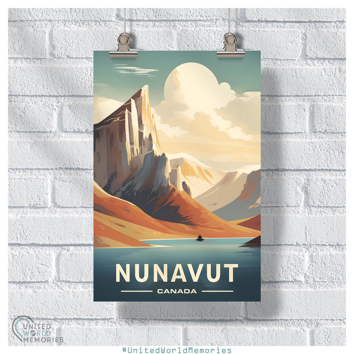 Nunavut Canada Arctic Mountain Lake Sunset Lone Boat Travel Poster
