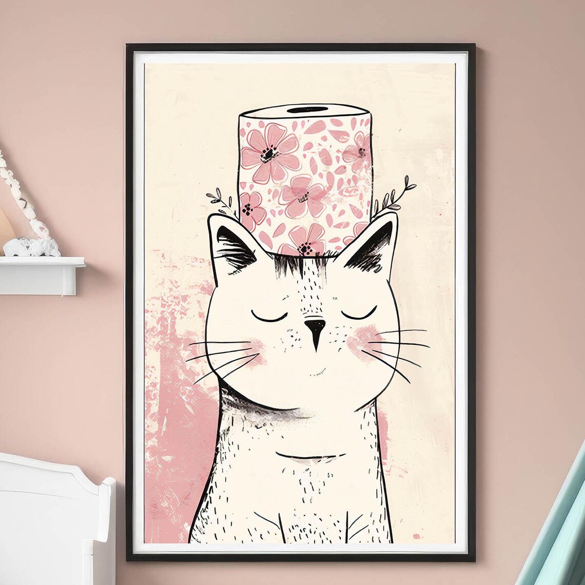Whimsical Cat Wearing Pink Floral Hat Minimalist Line Art Poster
