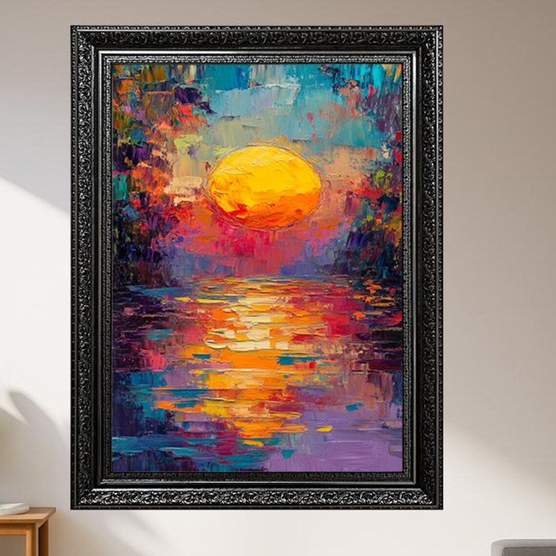 Vibrant Abstract Sunset Over Lake Palette Knife Style Art Poster