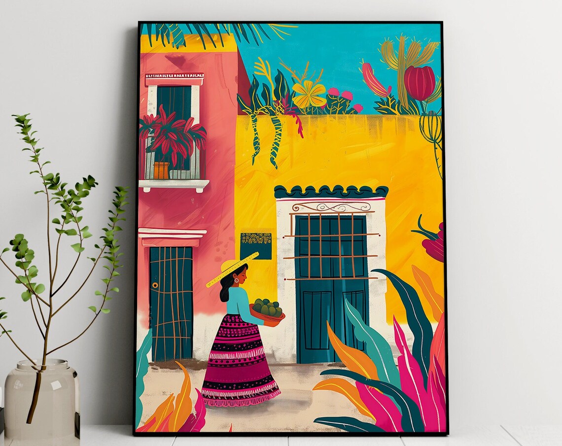 Mexican Street Scene Woman With Fruit Colorful Houses Art Print