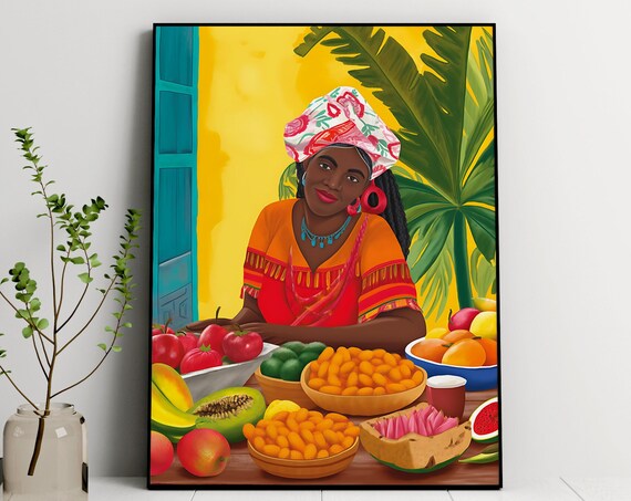 Tropical Fruit Market Woman Vibrant Colorful Folk Style Art Poster