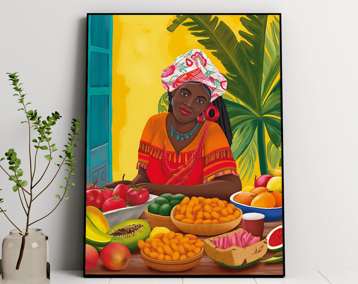 Tropical Fruit Market Woman Vibrant Colorful Folk Style Art Poster