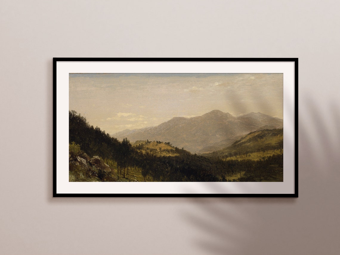 Hazy Golden Mountain Valley Vintage Oil Painting Landscape Wall Art - Image 2