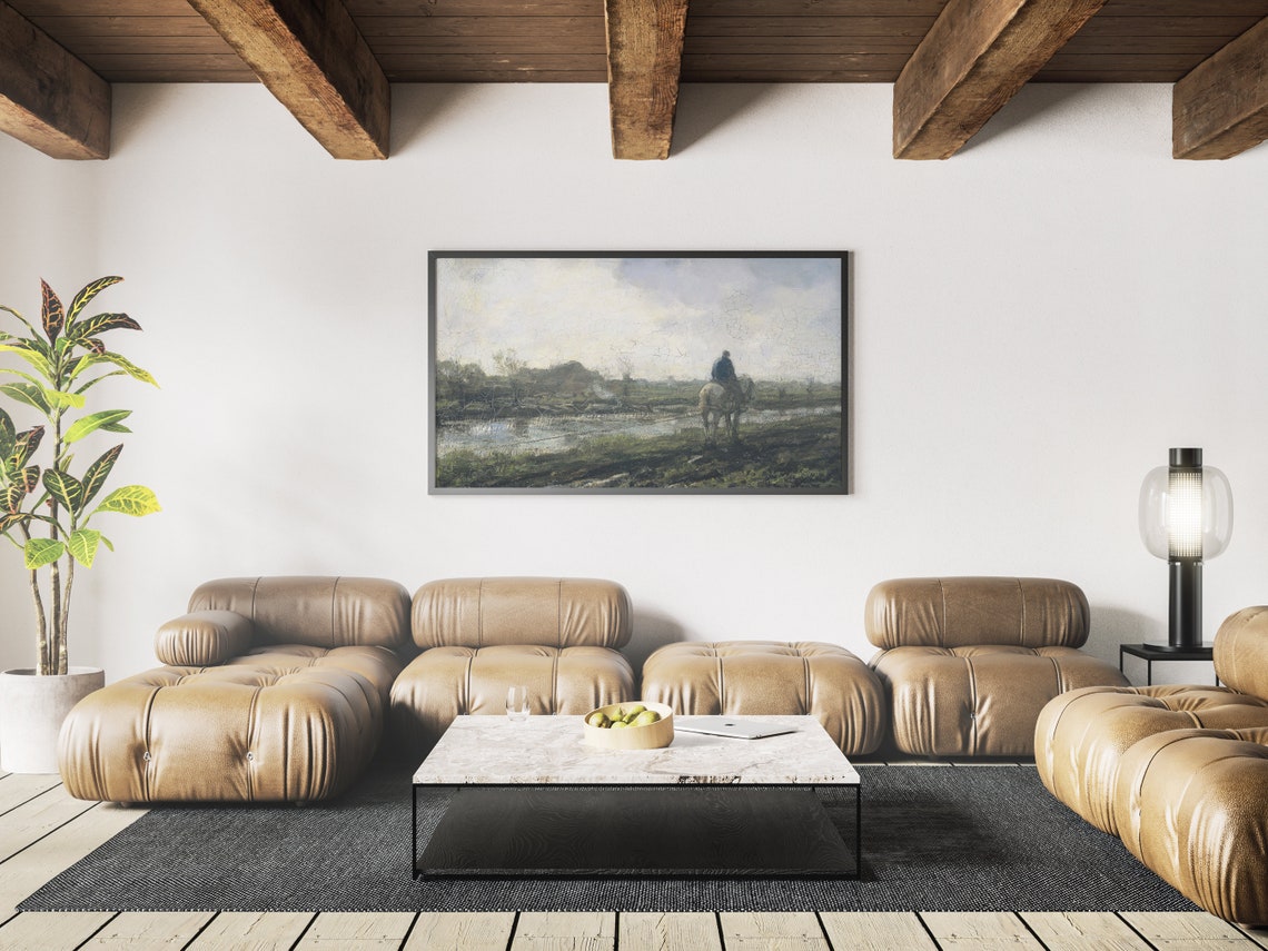 Farmer Riding Horse Across the Plain Vintage Muted Landscape Print - Image 3