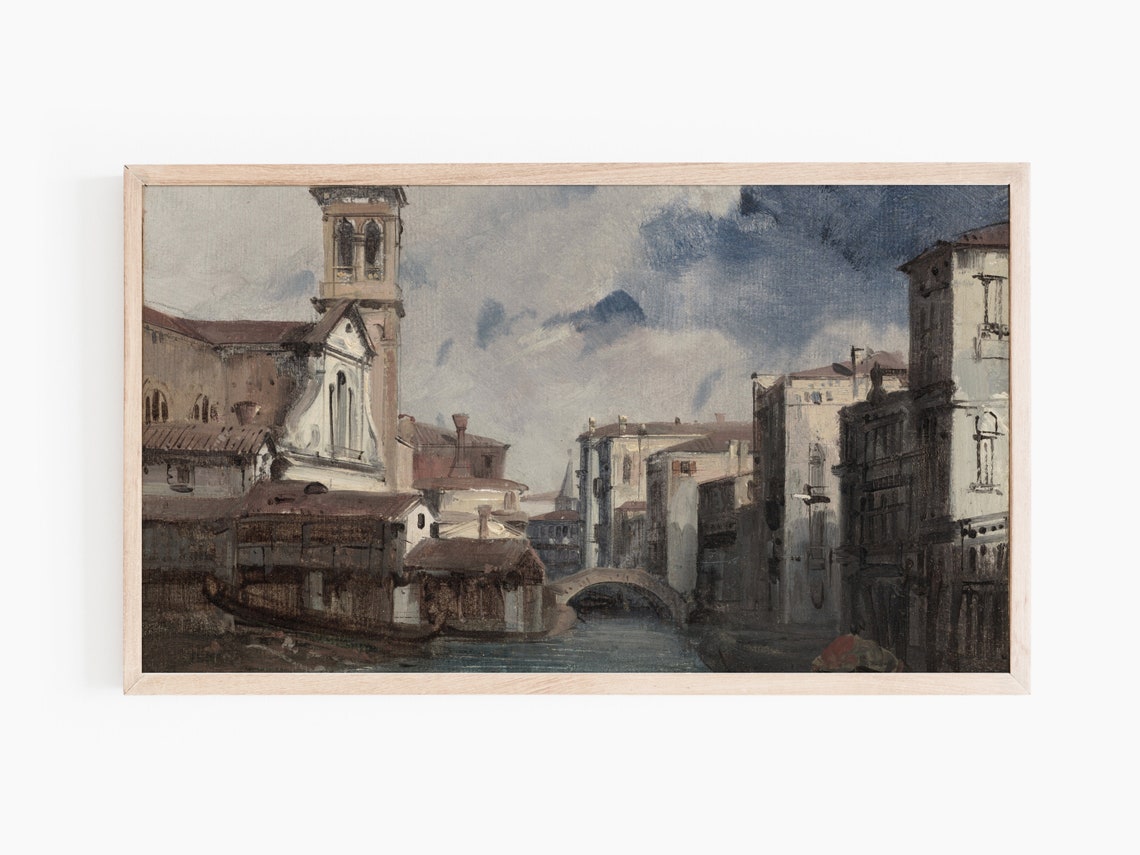 Vintage Venice Canal Painting Italian Church Tower Bridge Wall Art - Image 3
