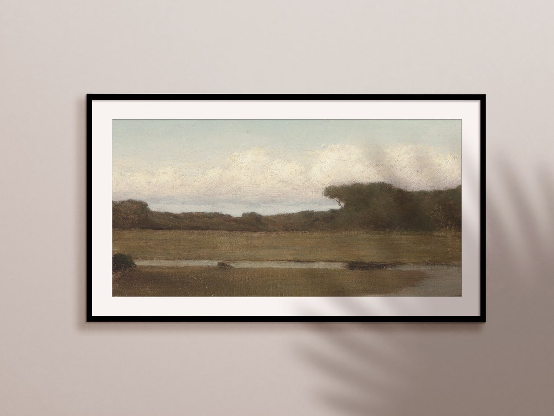 Vintage Meadow Marsh Oil Painting Winding Stream Cloudy Sky Poster - Image 2