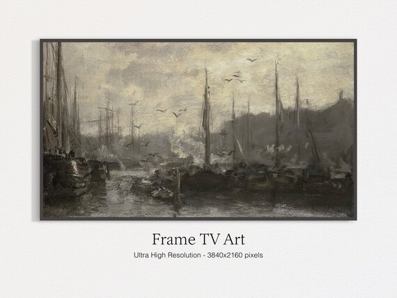 Frame Tv Moody Harbour Painting Dark Nautical Sailboats Frame For Tv