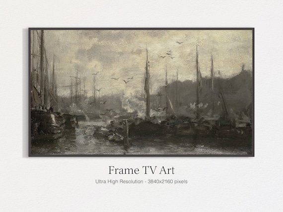 Moody Harbor of Dark Sailing Ships and Gulls Vintage Nautical Art Print