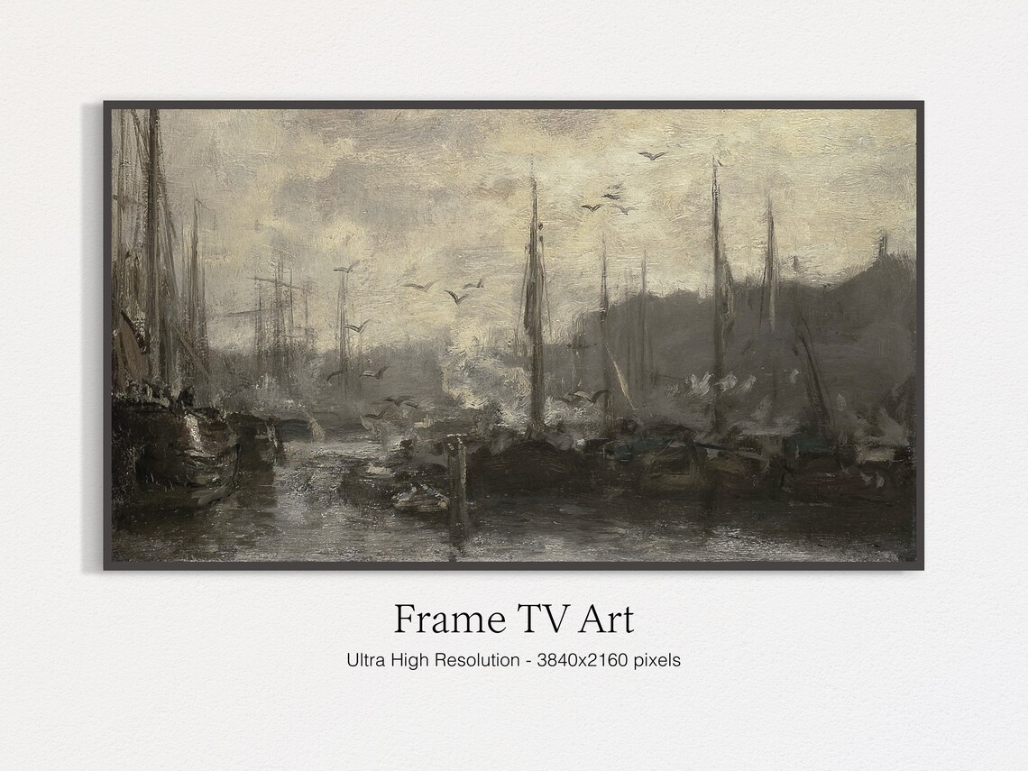 Frame Tv Moody Harbour Painting Dark Nautical Sailboats Frame For Tv