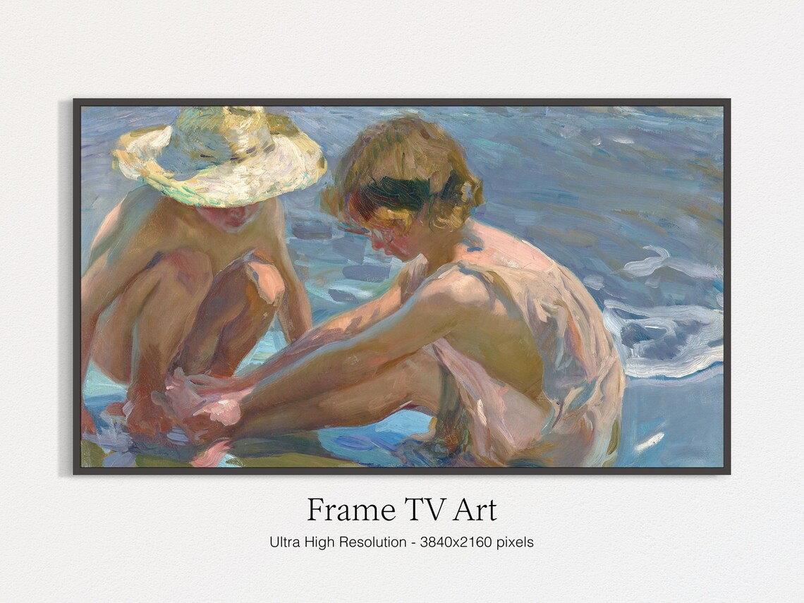 Children Playing In Shallow Sea Water Summer Beach Painting Art Print