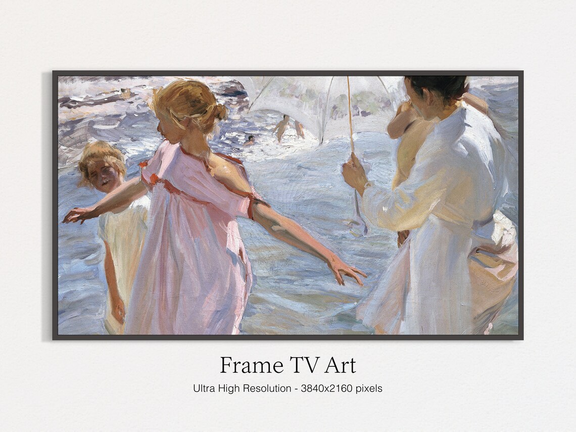 Family At Summer Beach Mother With Parasol Children In Waves Art Print