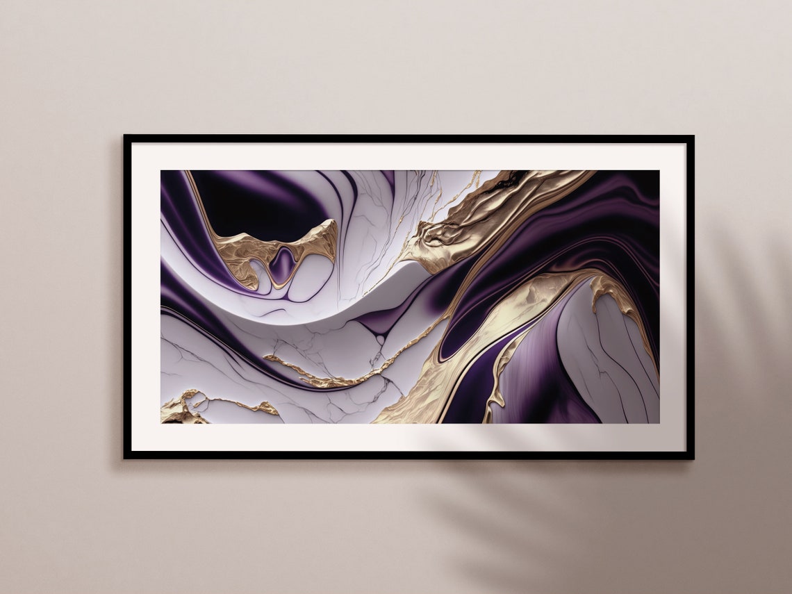 Luxury Purple Gold Marble Swirl Abstract Painting Wall Art Print - Image 2