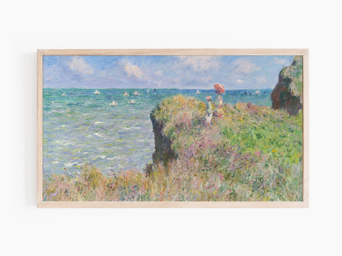 Seaside Cliff Walk Sailboats Woman With Red Parasol Art Print - Image 2