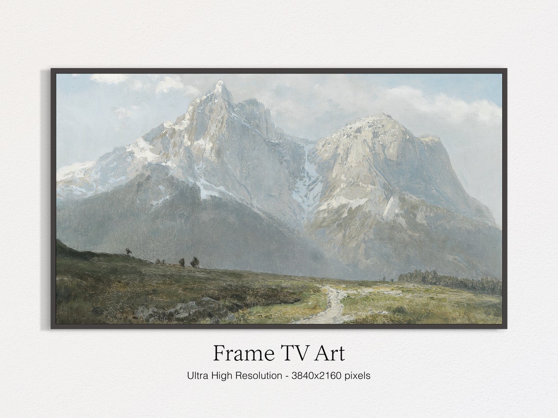 Snowy Alpine Mountain Peak Oil Painting Meadow Path Landscape Poster