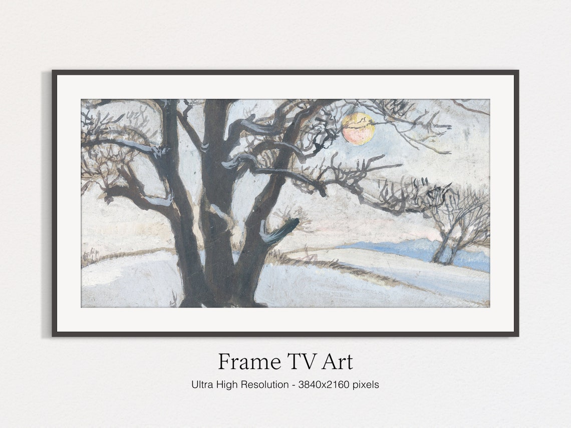 Winter Watercolor Bare Snowy Trees Orange Moon Landscape Print - Image 4