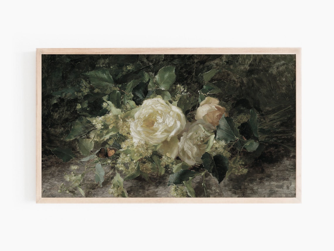 White Roses Still Life Painting Dark Moody Romantic Floral Wall Art - Image 3