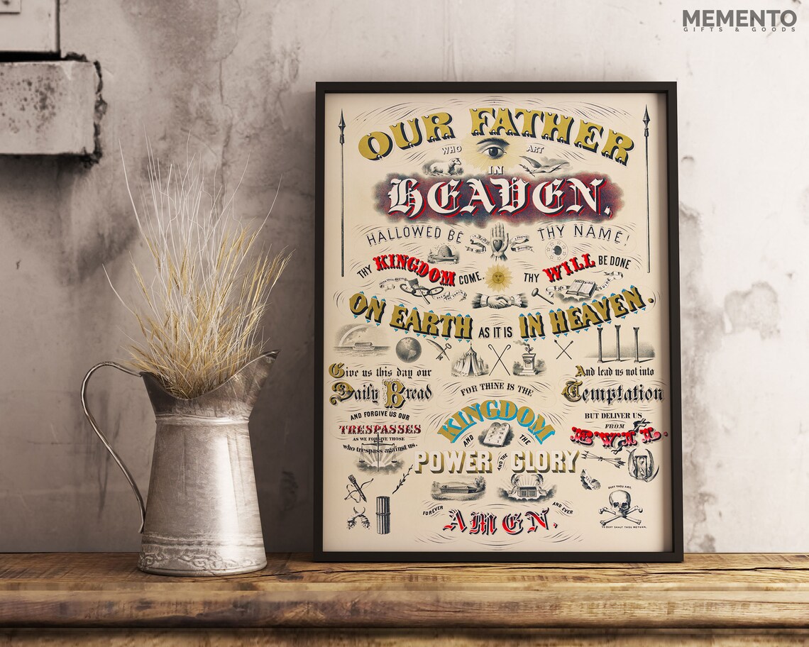 Our Father Lords Prayer Vintage Lettering Christian Faith Poster - Image 2