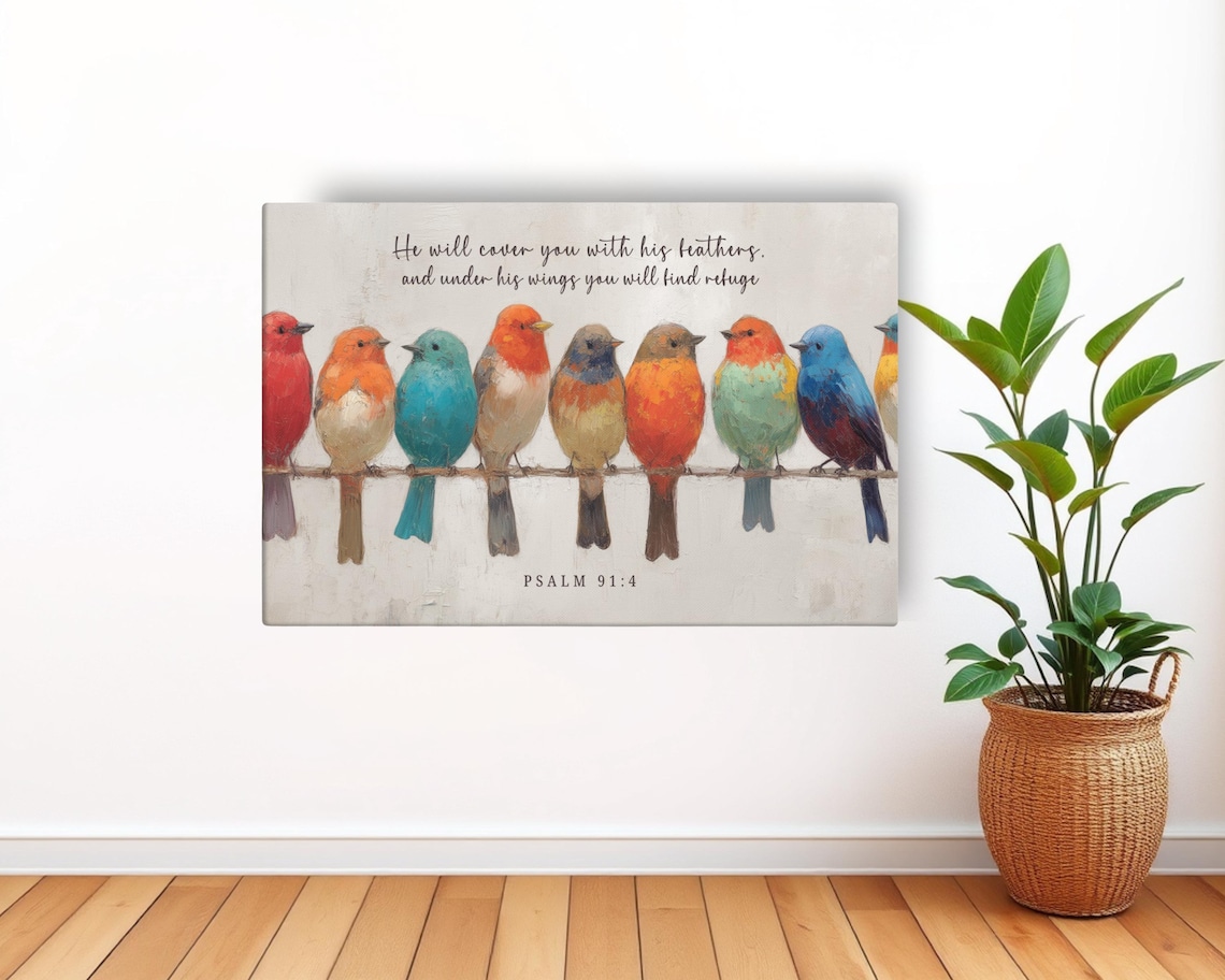 Psalm 91:4 Bird Scripture Art Print, Christian Wall Art