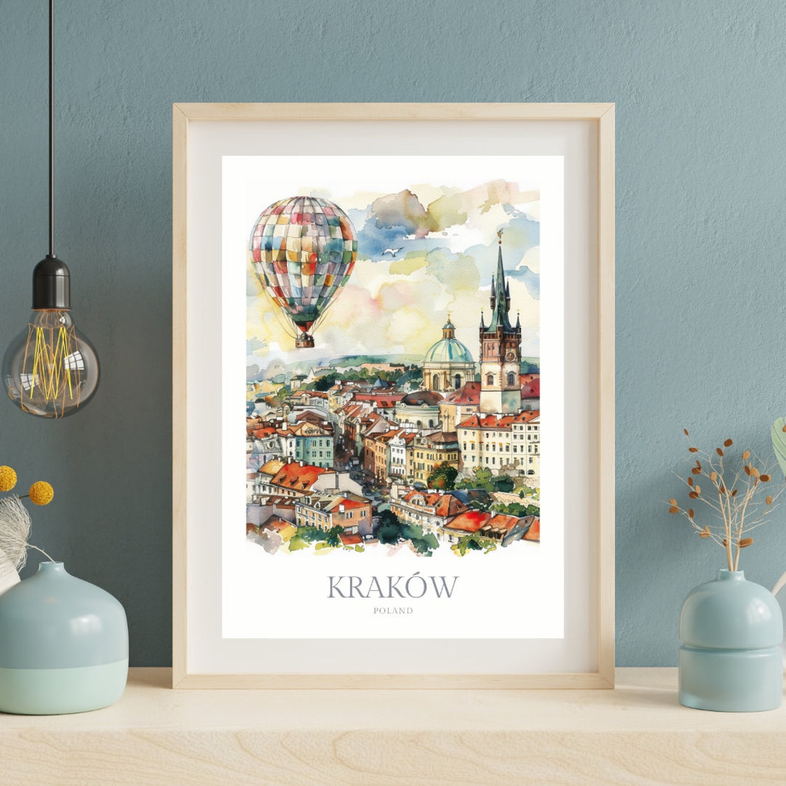 Krakow Poland Watercolor Old Town Hot Air Balloon Poster View - Image 2